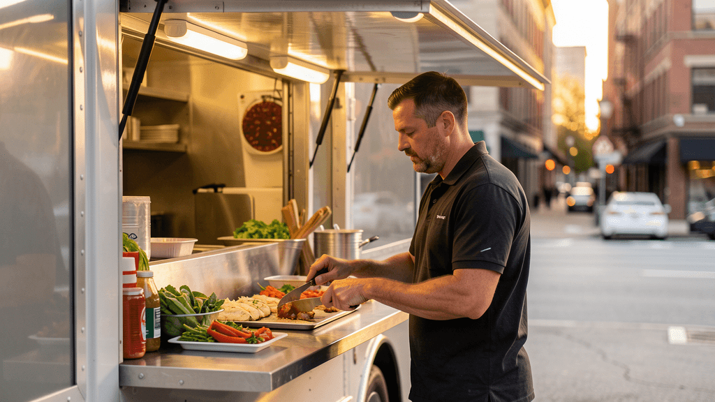 Food truck owner serving from the service window at golden hour