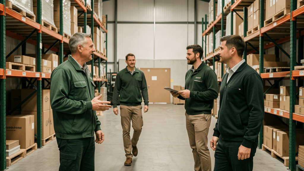 Operations managers in a warehouse planning conversation