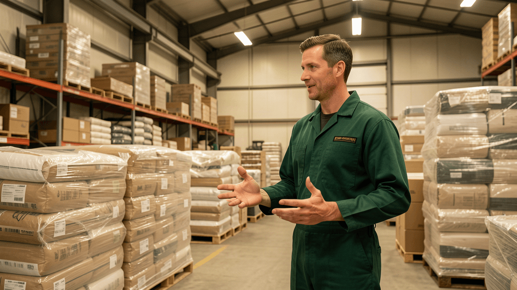 Warehouse operator checking a tablet beside stacked materials
