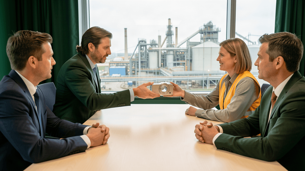 Small manufacturer presenting a machined component to a potential prime contractor team