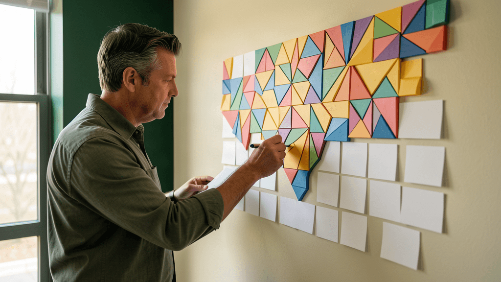 Small business owner arranging a procurement plan with blank task cards