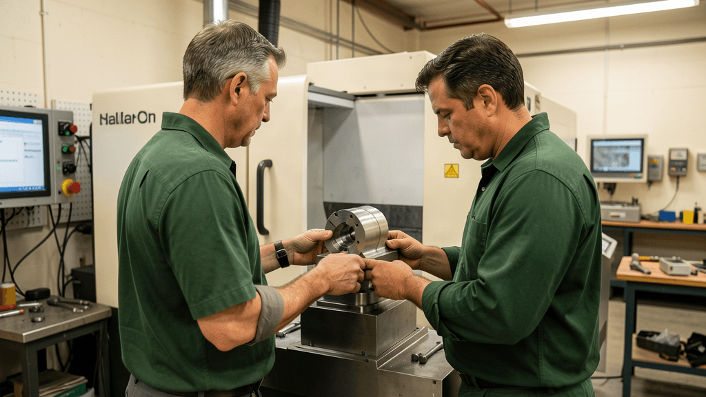 Two machinists inspecting a precision metal component beside a CNC machine