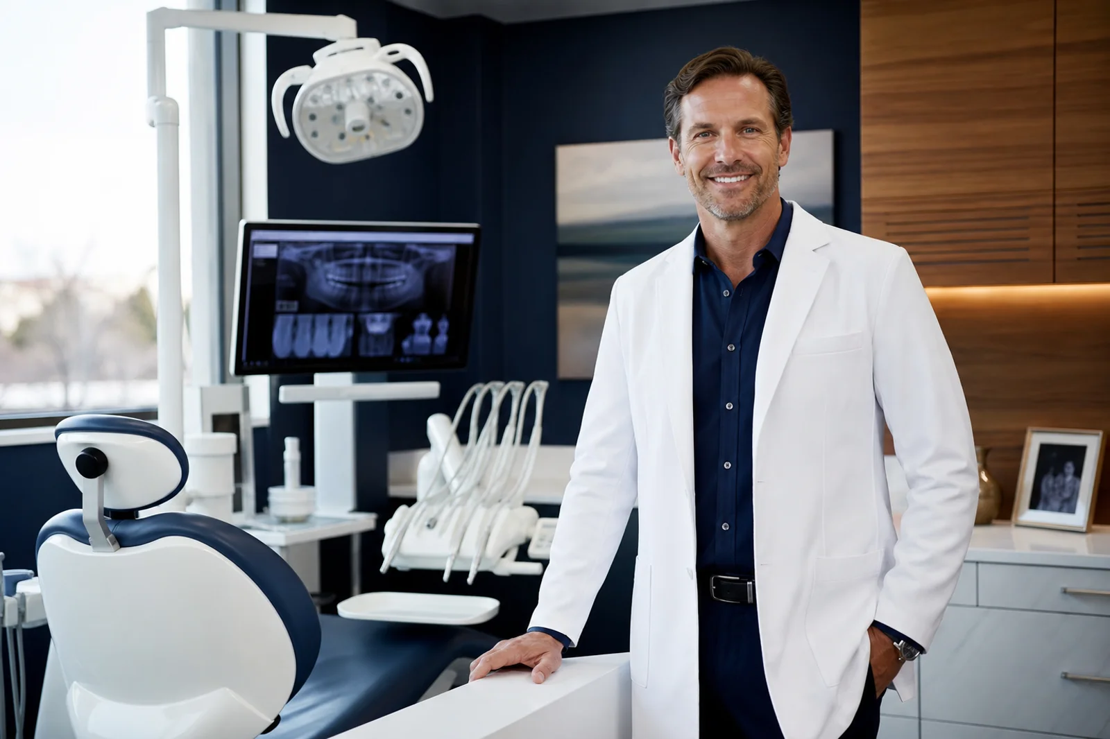 A dentist in a white coat standing beside the chair in their own operatory, with a panoramic radiograph on the monitor behind them.