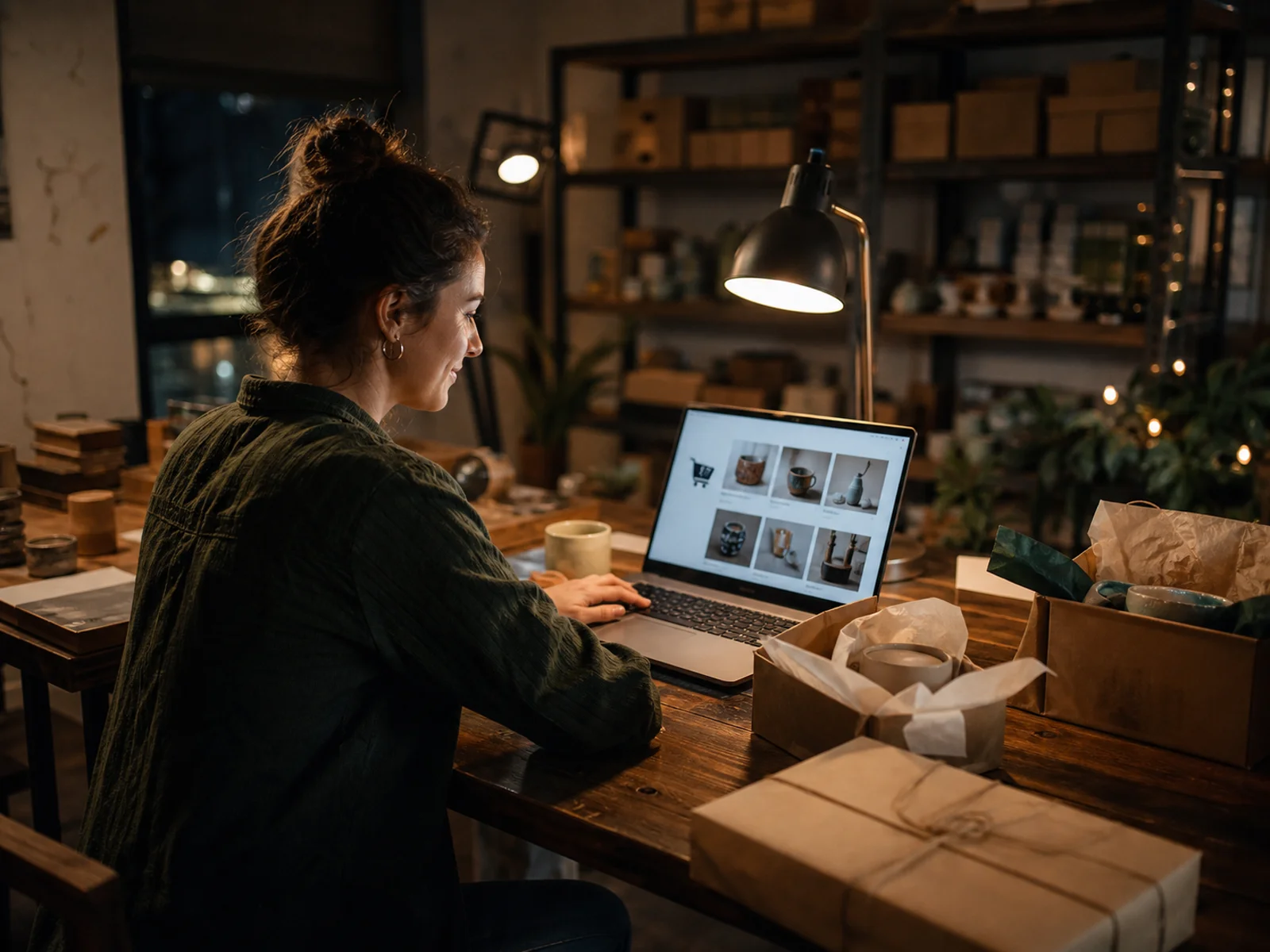 A seller working late at a laptop showing her own storefront's product grid, with open cartons of ceramics and a string-tied parcel on the table beside her.