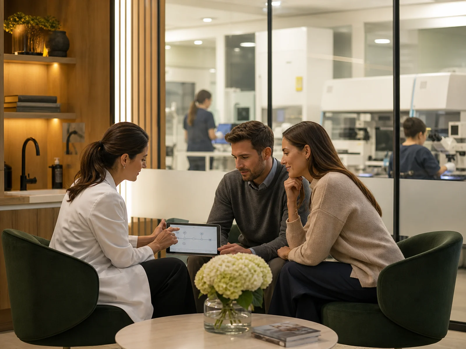 A clinician in a white coat showing a tablet to a couple seated across from her in a consultation lounge, with the laboratory and its benches visible through the glass wall behind them.
