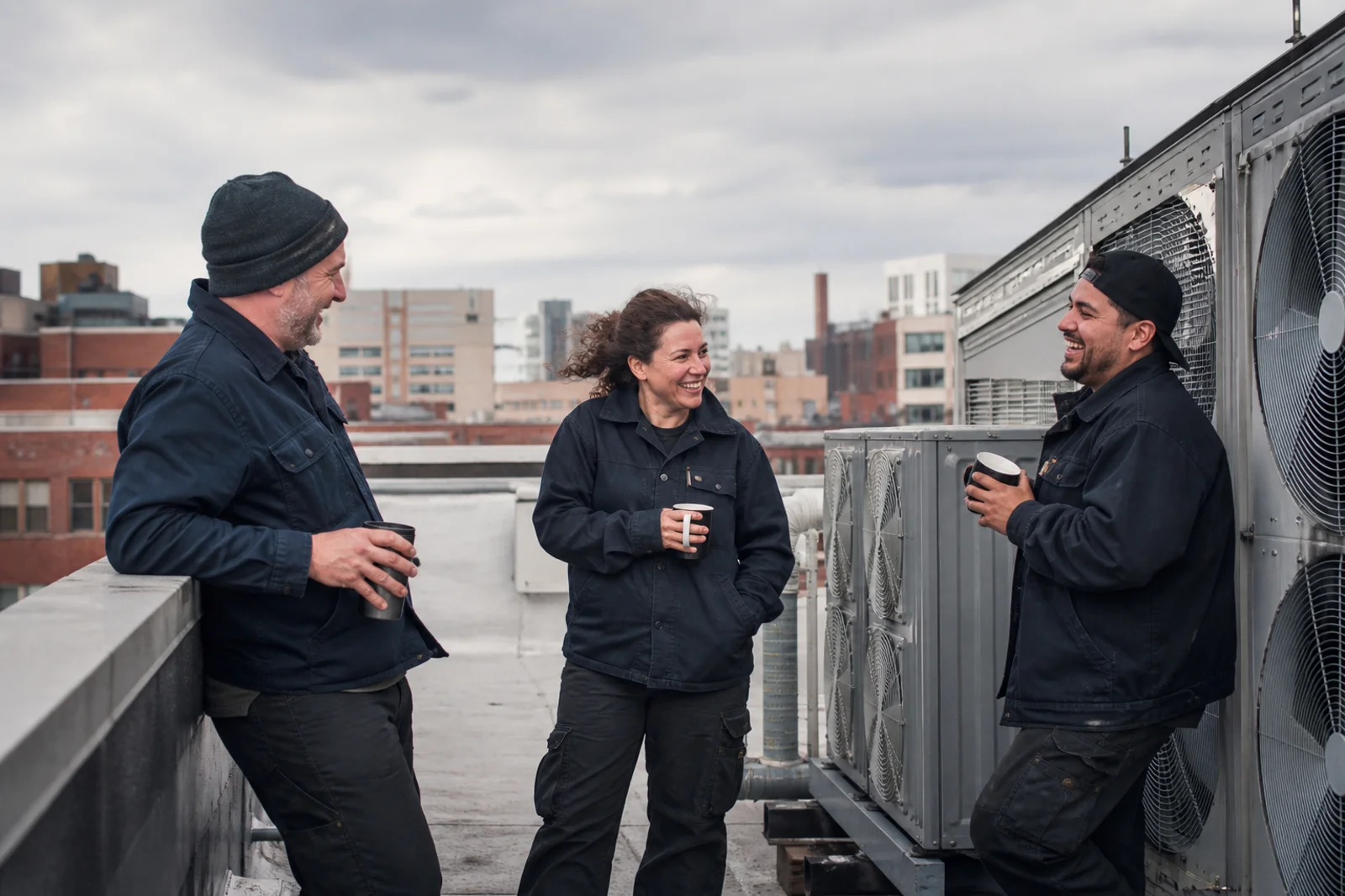 Three technicians laughing over coffee on a rooftop beside a bank of condenser units, city buildings behind them.
