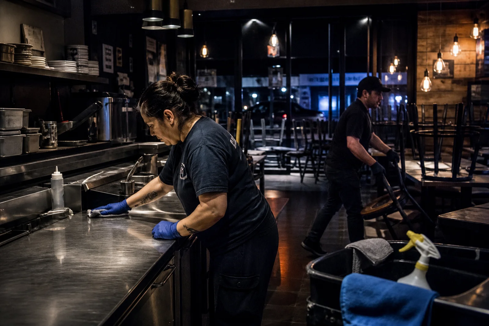 A cleaner in gloves wiping down a stainless steel counter in a closed restaurant while a colleague works across the dining room behind, chairs stacked on the tables.