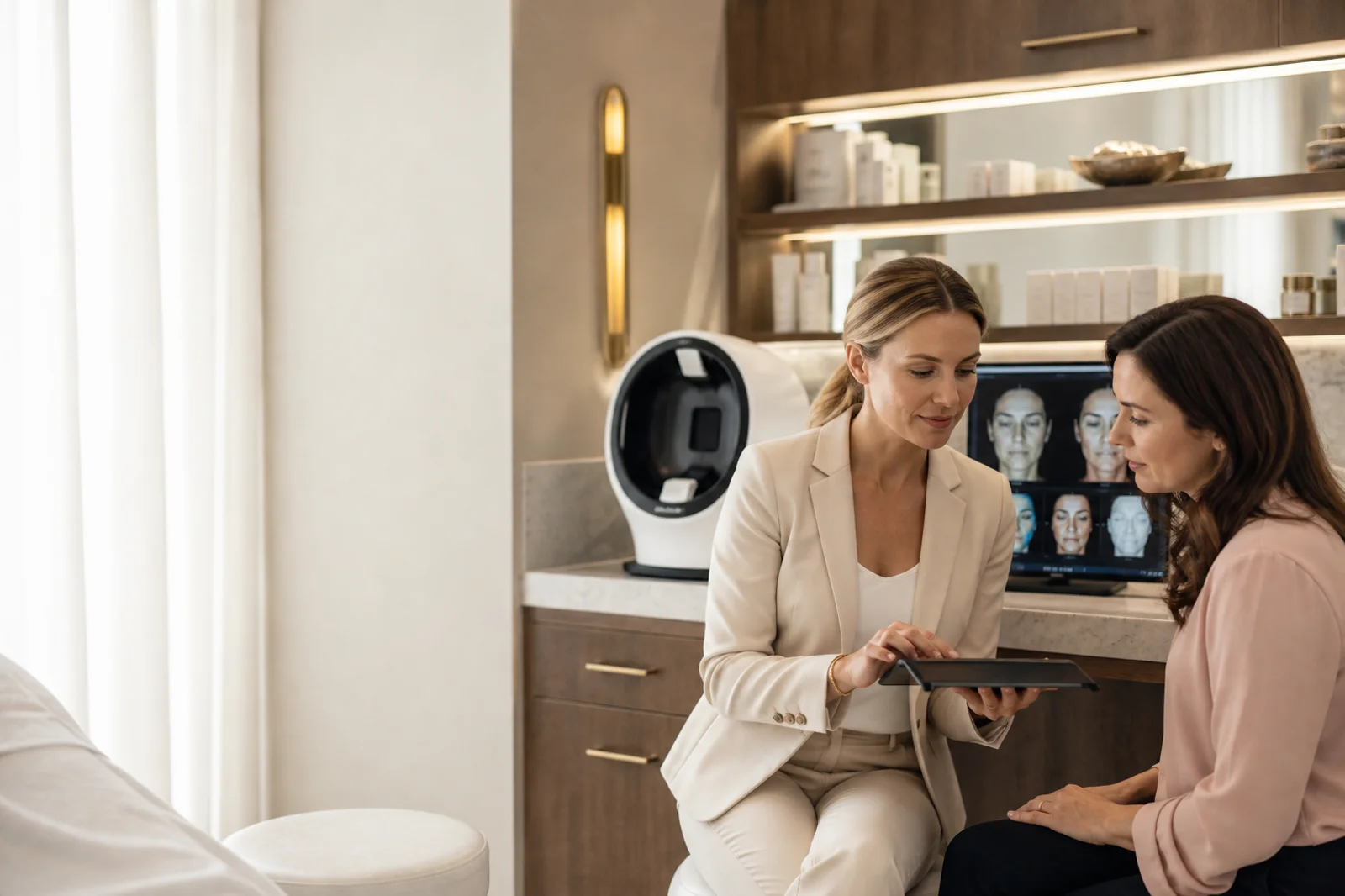 A practitioner and a client sitting together looking at a tablet, with a skin analysis device and a screen of facial analysis images behind them.