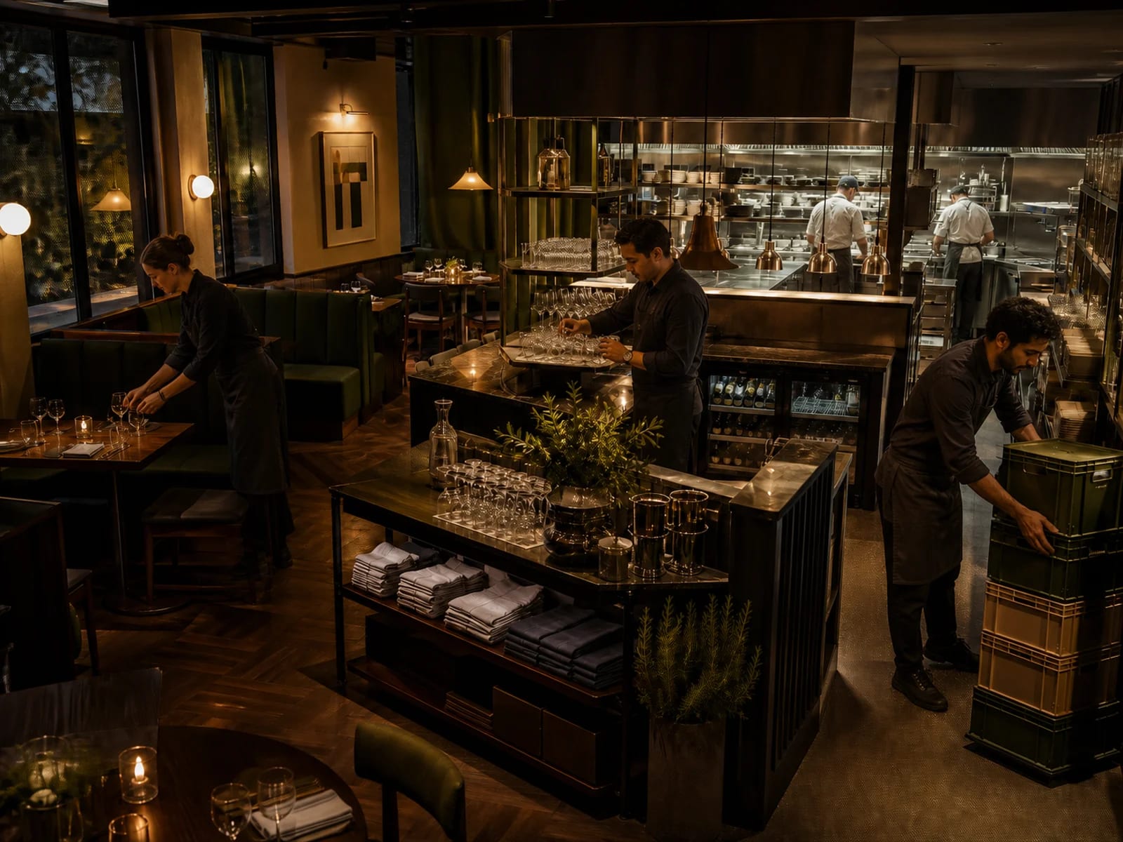 Staff setting a table, polishing glassware at the service station and carrying crates through the dining room before service, with cooks working the lit pass behind.