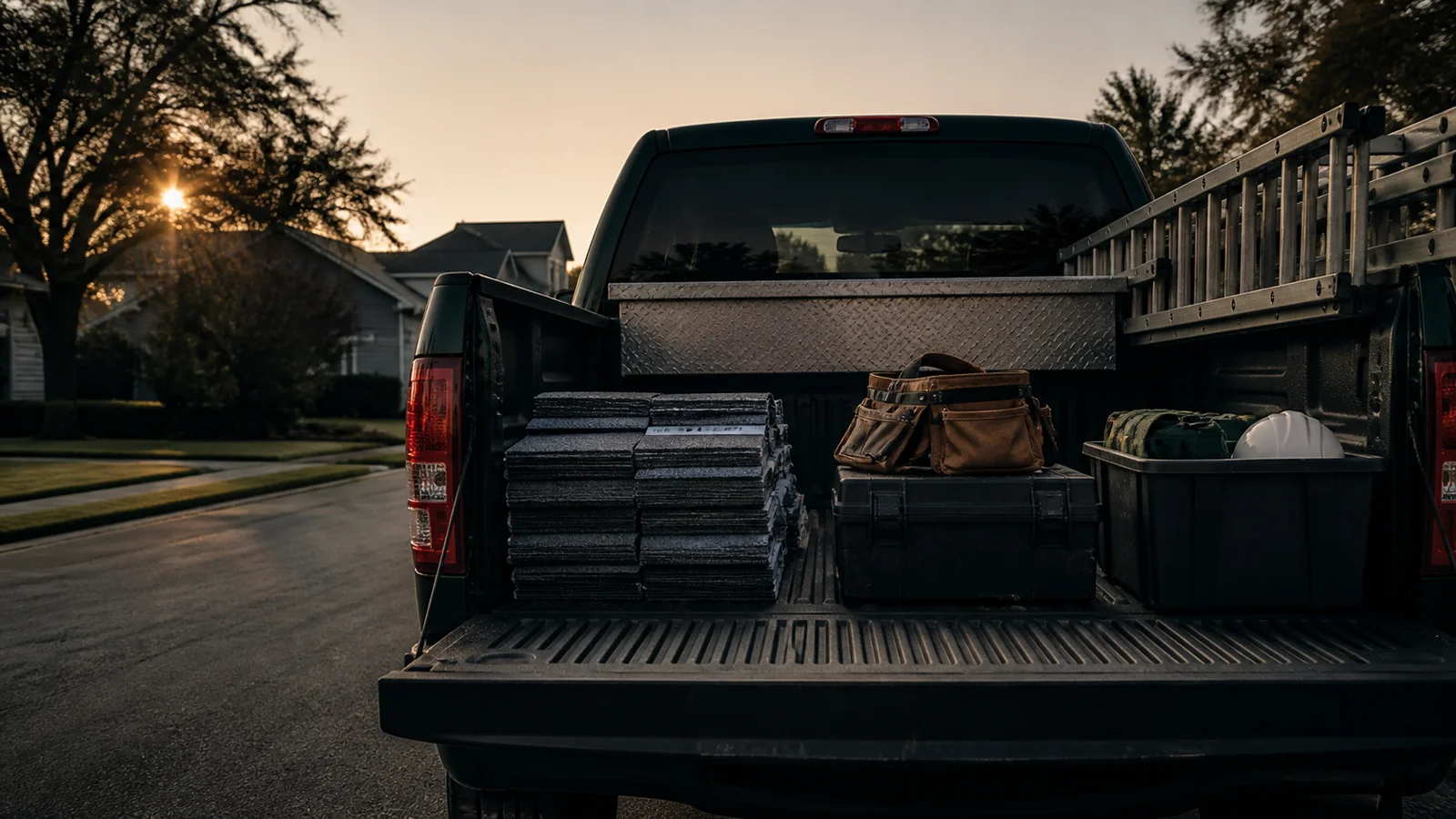 The open bed of a pickup loaded with stacked shingle bundles, a tool bag, cases and a hard hat, ladders racked along one side, parked on a suburban street at dusk.