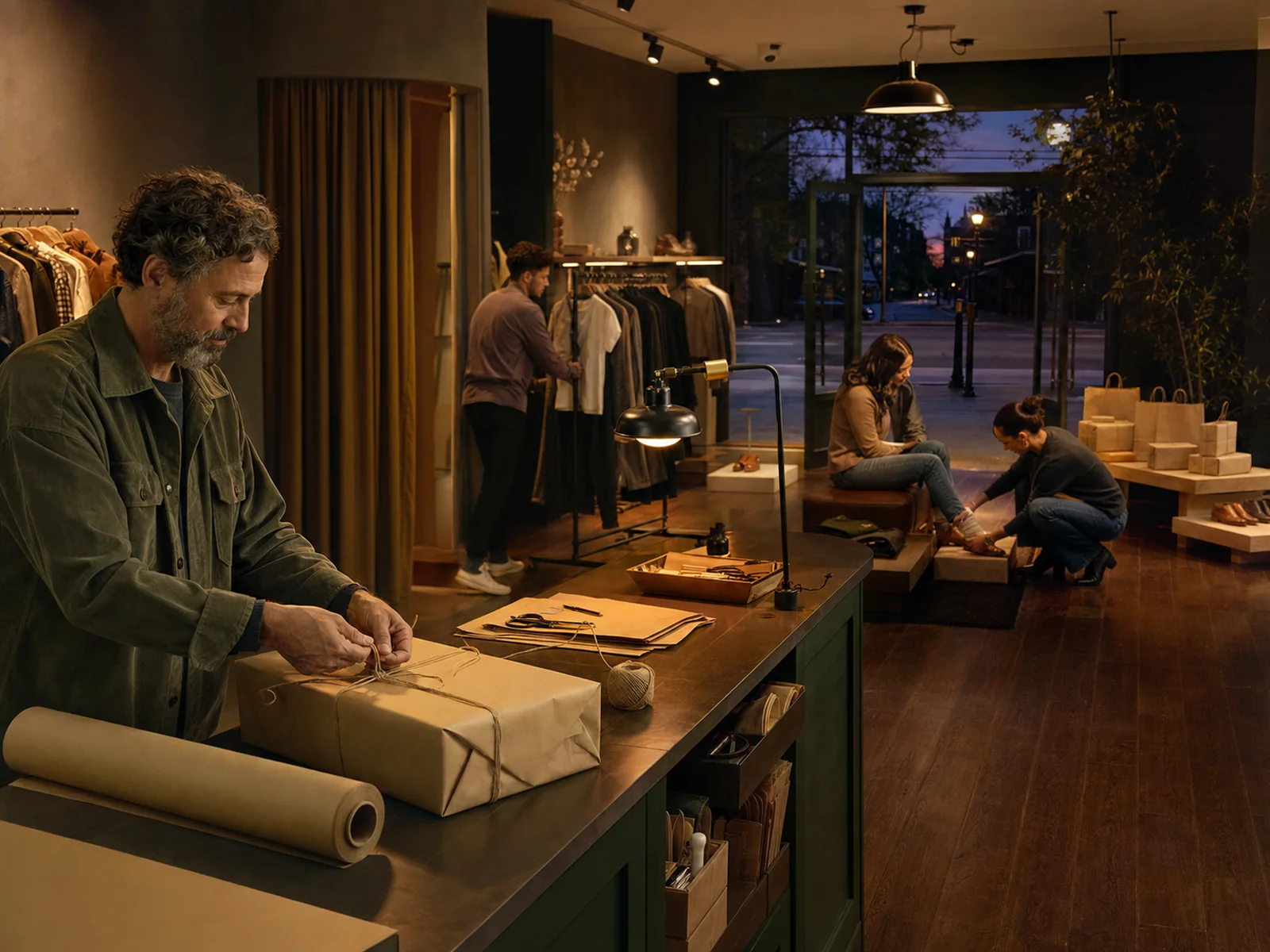 A shop owner tying string around a paper-wrapped parcel at the wrap counter, while behind him a customer tries on shoes with a member of staff kneeling to help and another person works a clothing rail.