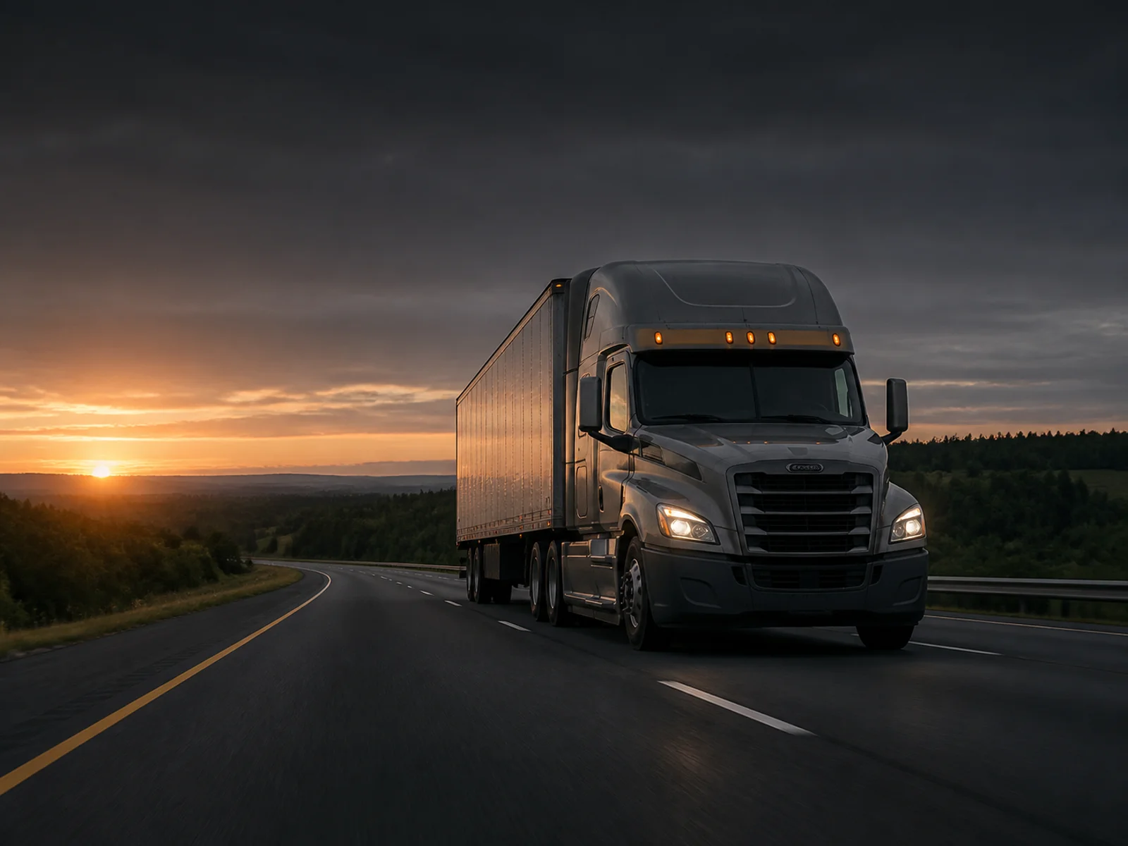 A tractor unit pulling a dry van trailer along an empty highway, headlights on, with the sun low on the horizon behind it.
